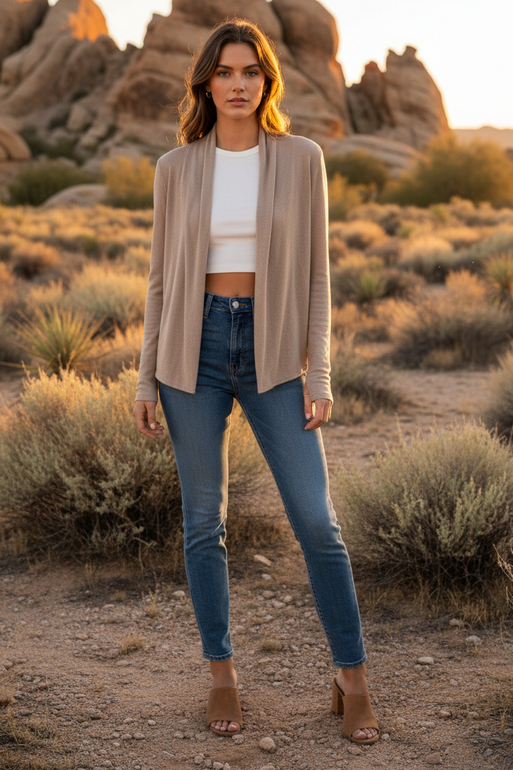 Taupe waist-length cardigan with desert landscape
