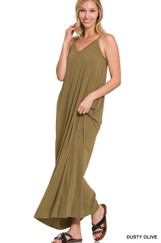 TAYLA V-NECK MAXI DRESS WITH SIDE POCKETS S-3XL - West End Boutique