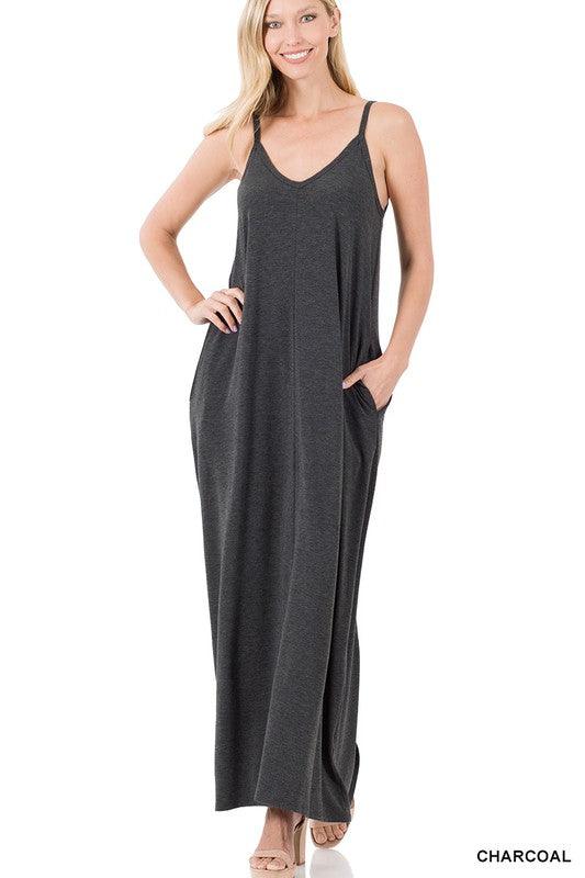 TAYLA V-NECK MAXI DRESS WITH SIDE POCKETS S-3XL - West End Boutique