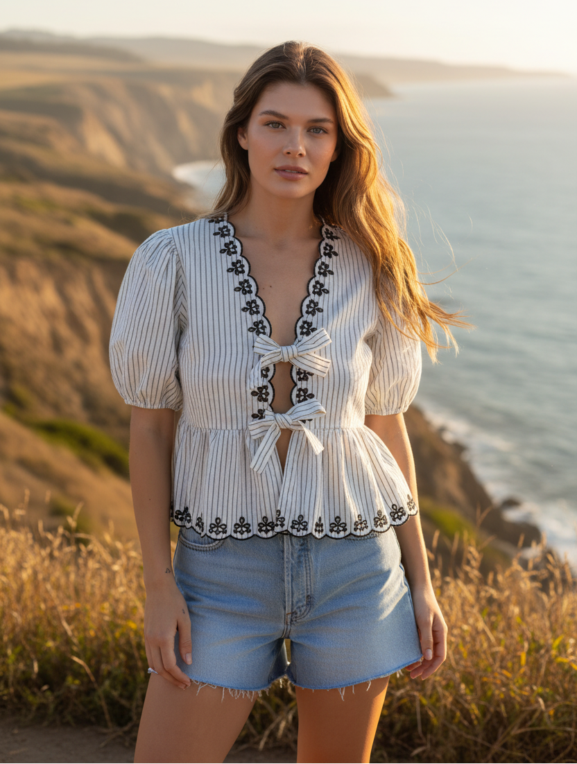 White and black striped embroidered top with tie front detail and denim shorts with coastal cliff background