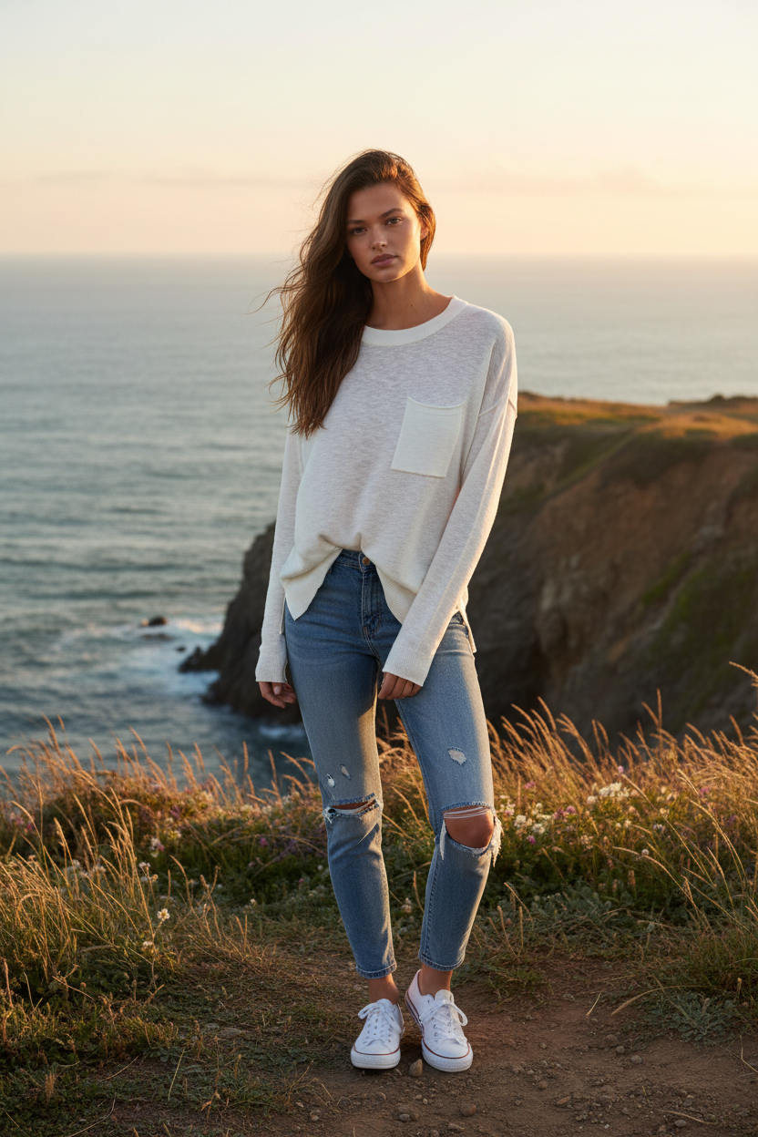 White distressed long sleeve tee with coastal cliff background