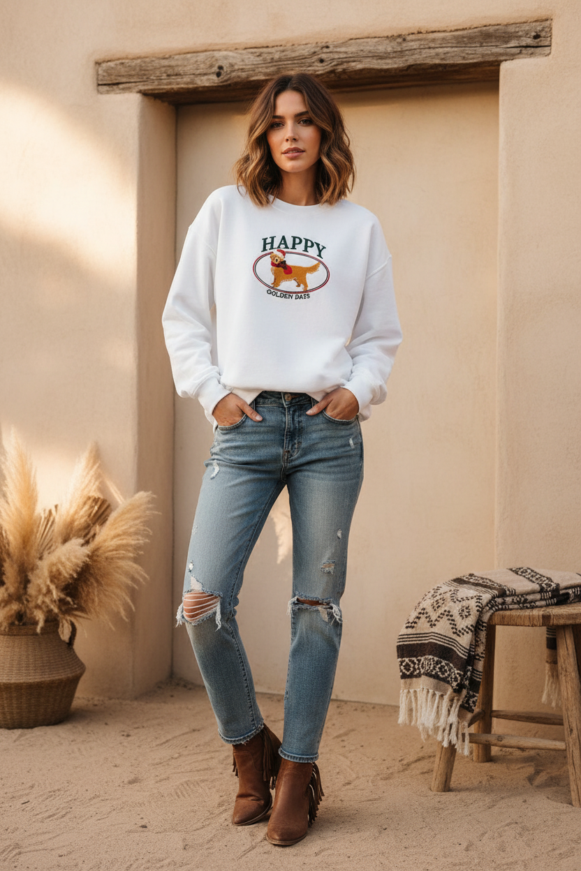 White Happy Golden Days graphic sweatshirt on model with styled background