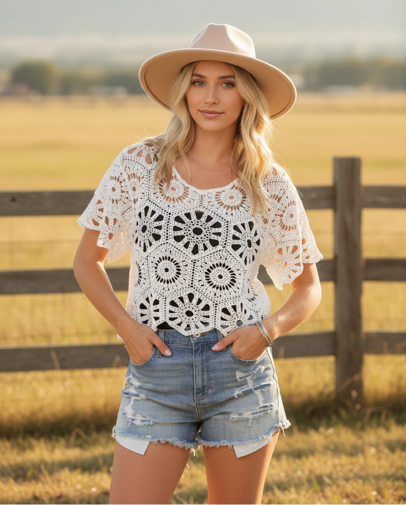 White hexagon crochet top with western boho ranch background