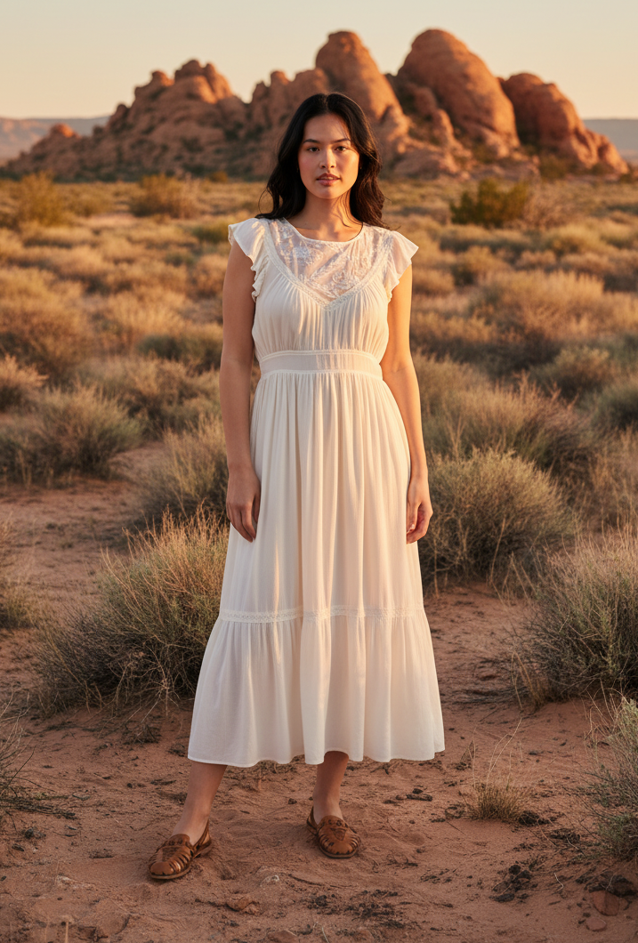 White tiered midi dress with ruffle sleeves and desert landscape