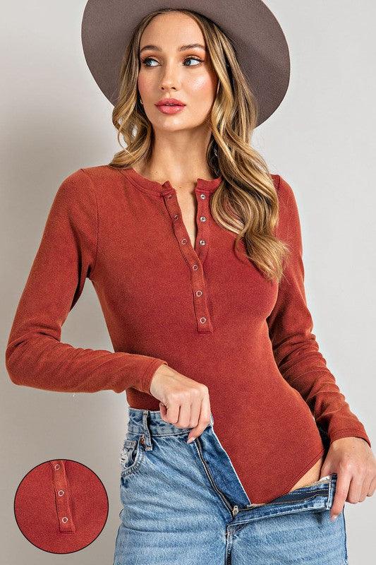 MARIA MINERAL WASHED HENLEY LONG SLEEVE BODYSUIT FINAL SALE - West End Boutique