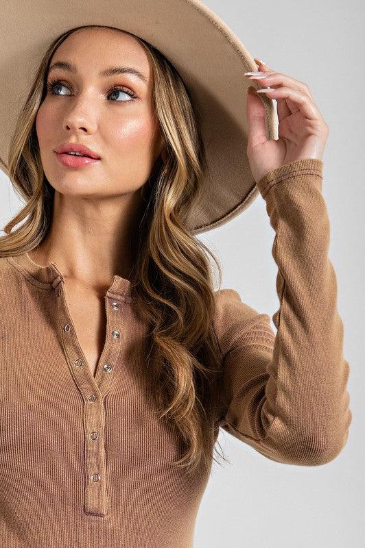 MARIA MINERAL WASHED HENLEY LONG SLEEVE BODYSUIT FINAL SALE - West End Boutique