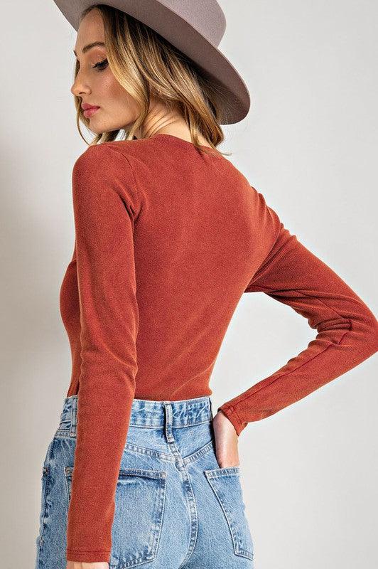 MARIA MINERAL WASHED HENLEY LONG SLEEVE BODYSUIT FINAL SALE - West End Boutique